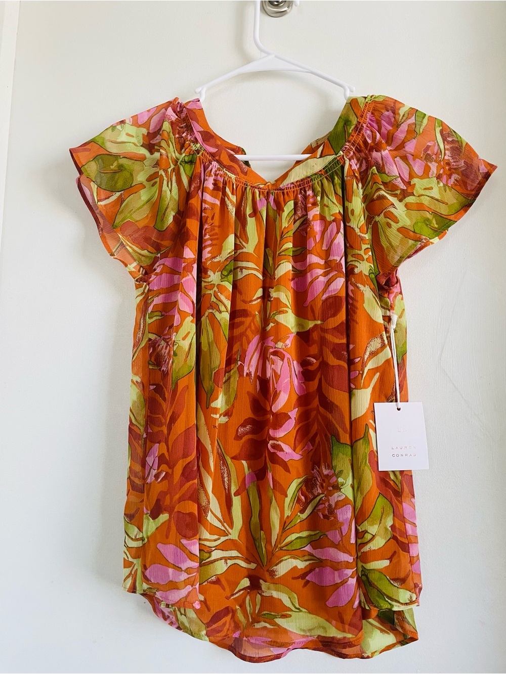 LC Lauren Conrad Orange Pink Green Floral Off-Shoulder Blouse